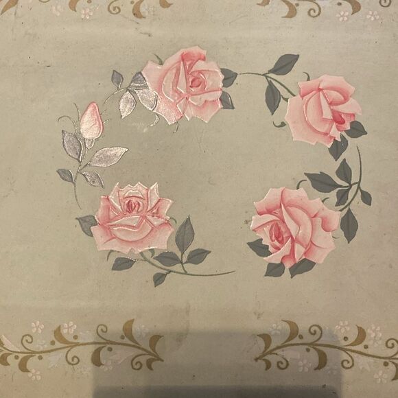 Rare 1940s Antique Lacquerware Pink Floral Mint Green Tokiwa Musical Jewelry Box - Picture 7 of 10